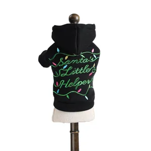 Cute black pet dog hoodie with Christmas embroidery, warm winter puppy clothes for small pets.