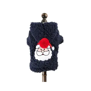 Navy blue pet winter fleece coat with cute Santa Claus applique for small dogs puppies.