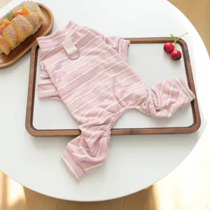 Cute pink striped pet jumpsuit for small dogs and cats, cozy home clothes with a D-ring.