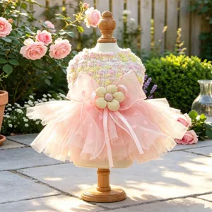 Cute pink pet tutu skirt detail, mesh bow design with flower accessory for small dogs.