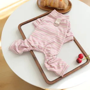 Pink striped pet jumpsuit with D-ring detail for small dogs cats, cozy home wear pajama display.