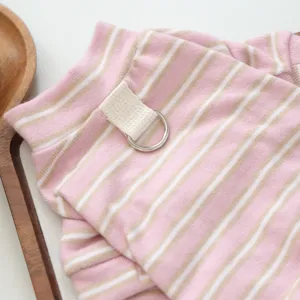 Pink white striped pet dog cat sweater detail, soft knit apparel with metal D-ring.