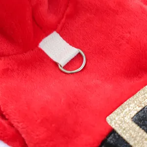 Nahaufnahme des roten Plüsch-Haustierkostüms mit Metall-D-Ring und hübscher Gürtelschnalle.