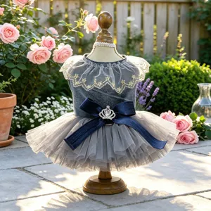 Elegante hond tutu jurk voor kleine puppy's, grijze tule rok met blauwe strik en kroon.