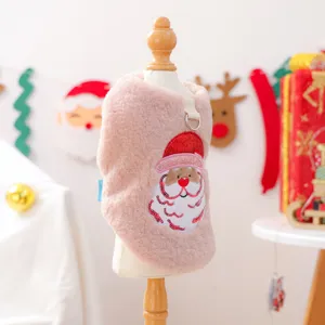 Hübsche rosa Plüsch-Haustierweste für kleine Hunde mit Weihnachtsmann-Design, warme Winterkleidung.