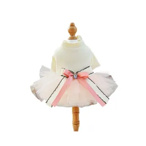 Leuke huisdier winter tule tutu jurk met strik en strass, comfortabele puppy kleding.