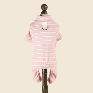 Detailed view of pink striped pet jumpsuit for small dogs cats, comfortable knit fabric.