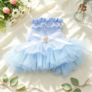 Cute blue pet mesh tutu dress with white lace, bow and daisy prints for small dogs.