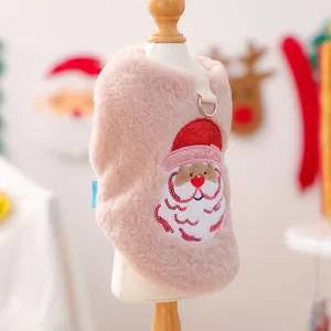 Süße rosa Plüsch Hundeweste mit Weihnachtsmann Stickerei, warme Haustierbekleidung für Welpen.
