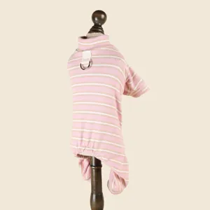 Pink striped pet jumpsuit for small dogs and cats, cozy knit puppy pajamas with D-ring.