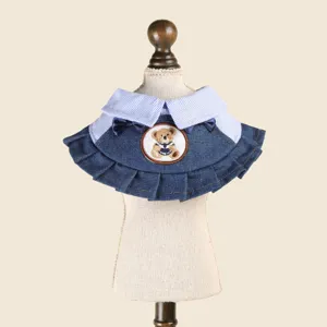 Carino Animale Cane Gatto Colletto Marinaio Bavaglino Denim Volant Orsacchiotto Ricamato Accessorio
