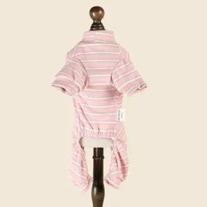 Pink and white striped pet jumpsuit, cozy turtleneck four-leg dog pajamas for small cats and dogs.