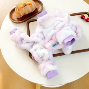 Adorable fluffy plush pet clothes with gradient color and purple cuffs for small dogs winter warm.