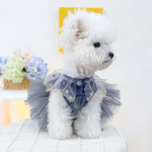 Schattige denim tule tutu jurk voor pup, elegante kanten kraag prinsessenjurk voor kleine honden.