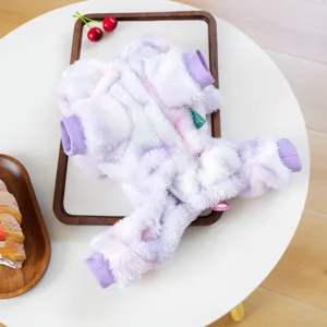 Soft plush purple pet jumpsuit detail for small dogs, cozy winter warm dog clothes.