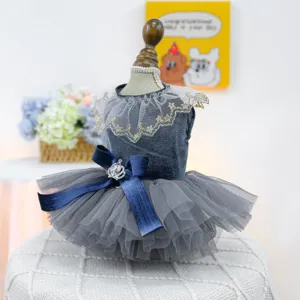 Grijs honden tutu jurk mesh puppy prinses rok met strik kroon voor kleine honden