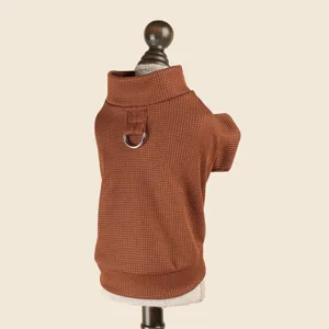 Pull pour animal en tricot gaufré marron pour petits chiens chats, col haut anneau D.