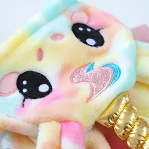 Close up view of cute rainbow plush pet costume detail, soft winter dog apparel texture.