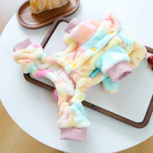 Cute pastel pet plush jumpsuit for small dogs, warm winter rainbow four-leg dog clothes apparel.