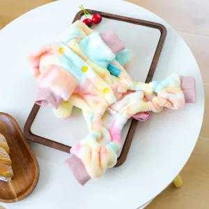 Colorful plush pet jumpsuit for small dogs, warm winter puppy hoodie in cute pastel tie-dye.