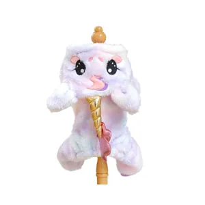 Cute plush unicorn pet costume for small dogs, warm winter puppy clothes with shiny gold horn.