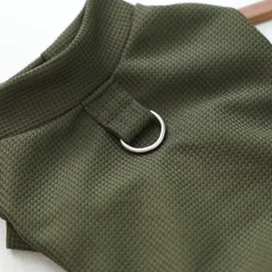 Gros plan des détails de vêtements pour animaux avec anneau en D, tricot gaufré vert.