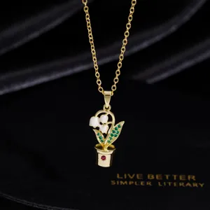 Vergoldete Blumentopf-Anhänger Halskette mit bunten Zirkoniasteinen für Damen und Mädchen.