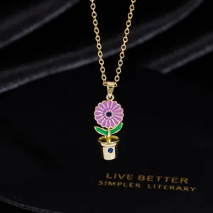Vergoldete Emaillierte Blumen Halskette süße Topfpflanze Anhänger Schmuck Geschenk.