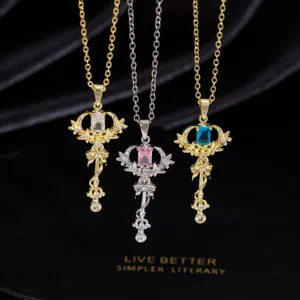 Exquisite Kupfer Zirkonia Schleife Zauberstab Anhänger Halskette Galvanisiert Nischenmode Verschluss Kragenkette Für Damen Schmuck