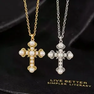 Vintage parel ketting met kruis set, gotische goud en zilver hanger ketting voor dames mode