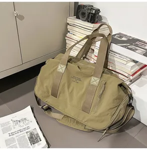 Large capacity canvas travel duffel bag gym sports shoulder bag for men and women khaki