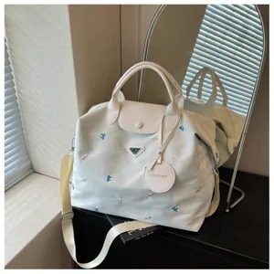 Large capacity travel duffel bag with cute embroidery, casual handbag for women fitness yoga.
