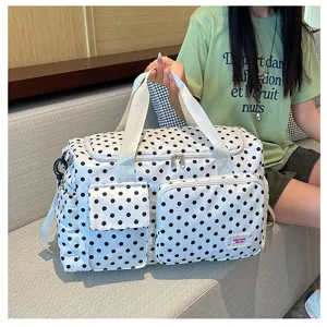 Black white polka dot travel bag large capacity gym duffel bag casual weekender handbag.