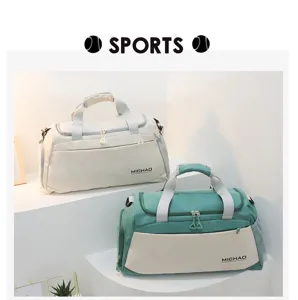 Capacity duffel bag detail, sports gym bag with dry wet separation and sturdy handles.