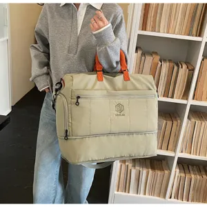 Large capacity travel duffel bag with wet dry separation and trolley sleeve for fitness.