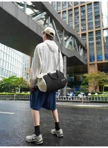Detailed view of the Korean style nylon travel gym duffel bag with wet dry separation function.