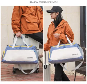 Large capacity travel duffel bag with wet dry separation for sports fitness and short trips.