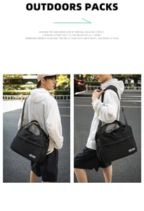 Detail shot of black nylon travel shoulder bag, large capacity design, casual outdoor style.