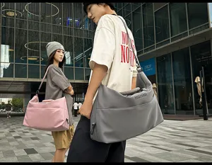 Detail shot of large capacity waterproof gym travel duffel bag in daily urban street use.