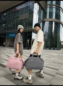Urban street style showcasing large capacity waterproof travel fitness duffel bag features.