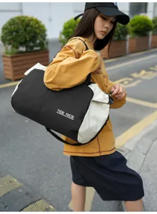 Black white nylon duffel bag fitness travel gym bag waterproof sports bag detail view