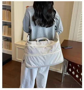 Large capacity travel duffel bag with lace trim and embroidery for gym, swimming, and outdoor trips.