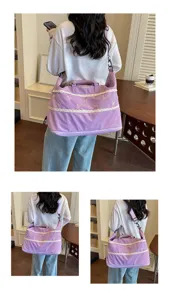 Purple bow travel bag detail view, large capacity expandable gym bag for women.