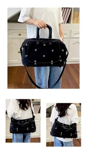 Black travel duffel bag with cute white bow embroidery, large capacity gym and shoulder bag.