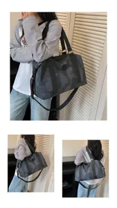 Large capacity travel duffel bag with shoulder strap, stylish grey grid pattern design.