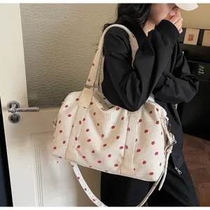 Large capacity corduroy travel duffel bag with cute strawberry print for women.