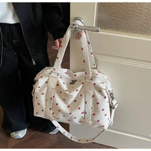 Large capacity corduroy travel duffel bag with cute strawberry print for women and gym use.