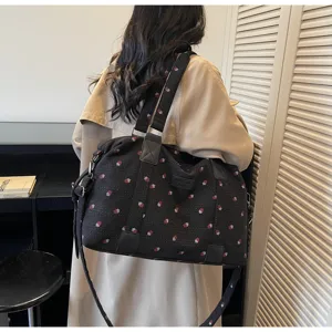 Large capacity travel duffel bag with cute strawberry pattern, perfect for short trips and gym.
