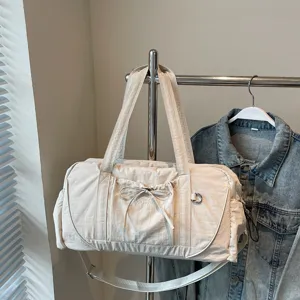 Large capacity beige shoulder travel duffel bag waterproof gym bag with cute bow