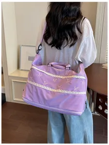Large capacity purple travel duffel bag with cute lace bows, perfect for fitness and trips.